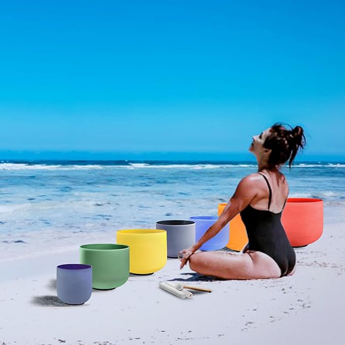RYAN DVAN 432 hz 7-12 Inch Set of 7 Colored Frosted Quartz Crystal Singing Bowl with Free 2 pcs Carrying Cases