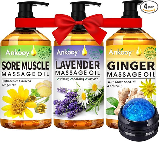 3 Pack Massage Oil for Massage Therapy,Sore Muscle Arnica Oil & Relaxing Lavender Oil & Ginger Oil Lymphatic Drainage & Massage Ball,Spa Massage Kit Christmas Gifts Stocking Stuffers for Men Women