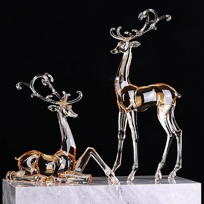 18" Tall Acrylic Christmas Reindeer Figurine - Elegant Clear Large Reindeer Ornaments for Christmas Indoor Decor, Holiday Centerpiece, Living Room, Fireplace, Table Display (Gold Standing Reindeer)
