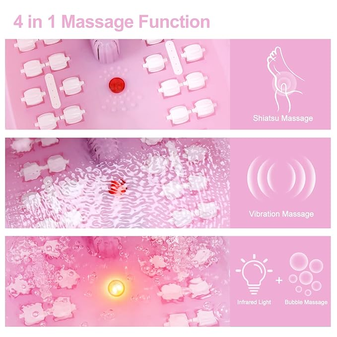 Foot Spa Bath Massager with Heat Bubbles and Vibration Massage and Jets, 16 OZ Calming Lavender Foot Soak Epsom Salt, Foot Soaker with Red Light, 22 Massage Rollers, Adjustable Temp - Pink