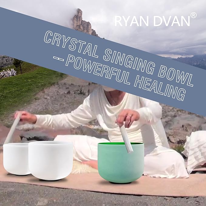 RYAN DVAN 432 hz 8” F Note Green Frosted Heart Chakra Crystal Singing Bowl with Free Heavy-Duty Carrying Case and Suede Striker O-Ring