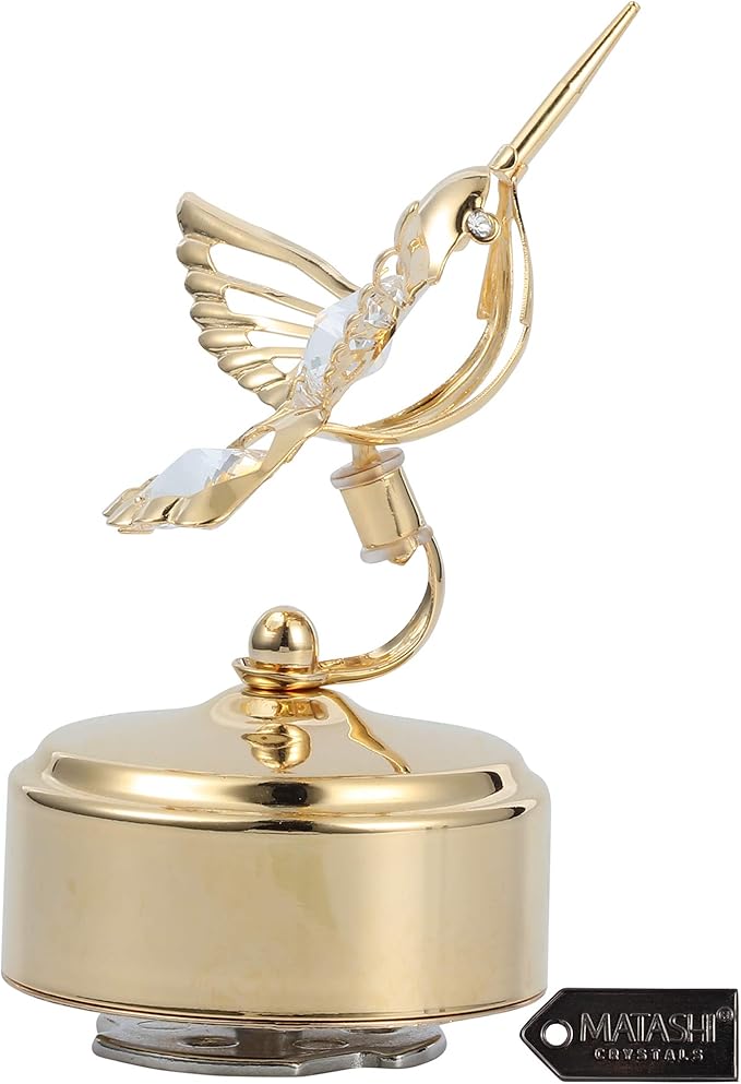 Matashi Hummingbird Music Box – 24K Gold Plated Crystal Studded Gift – Best for Mother’s Day, Holiday, Anniversary, Valentines, Birthday for Women, Girlfriend, Wife, Mom, Grandma