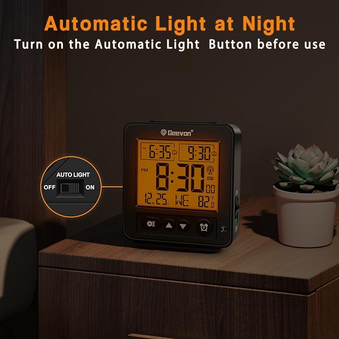 Geevon Small Digital Atomic Alarm Clock for Bedroom, Travel Table Clock with Auto/8s Backlight, 2 Alarm, Temperature, Desk Clock Battery Operated for Deep Sleepers Kids Elderly Home Office, Black