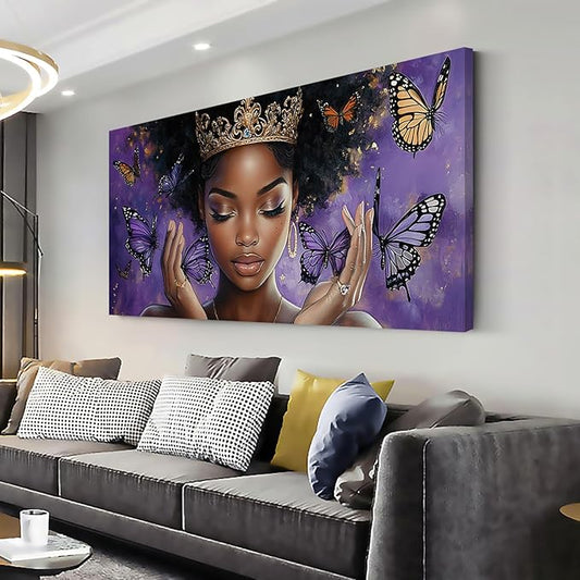 ZESTRILIA African American Wall Art for Girls Room Purple Black Butterfly Canvas Painting Prints Artwork Living Bedroom Office Decor (40x20 Inches)