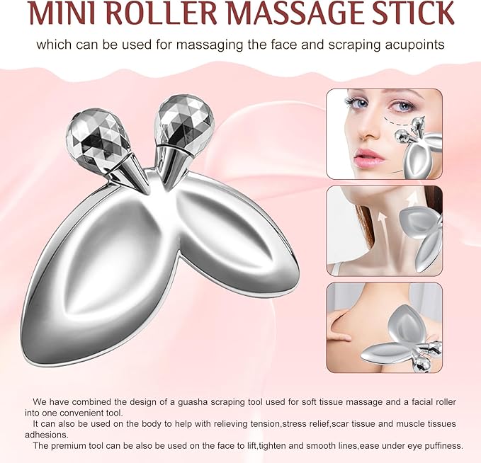 Gua Sha Facial Tools and Face Roller Set, Stainless Steel Facial Sculpting Eyes Roller Guasha for Face, Chin & Jawline Sculpting,Skin Care (Stainless Steel)