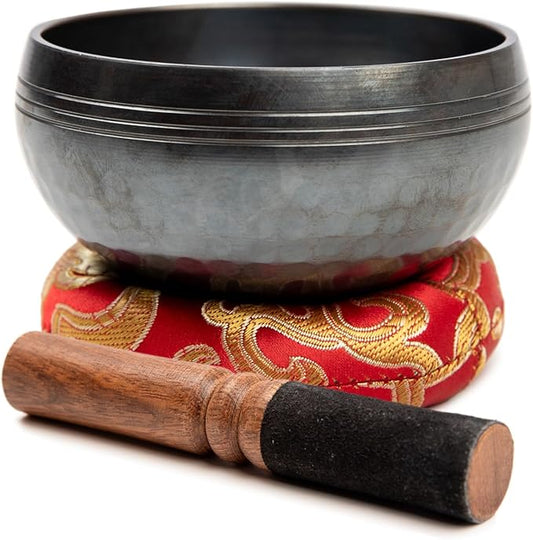 Tibetan Singing Bowl Set Brass - Master Healing Grade - Authentic Handcrafted Sound Bowl by Himalayan Bazaar (Black and Red)