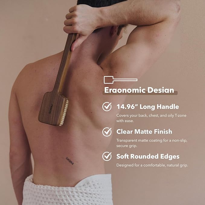 Luxury Natural Walnut Wood Boar Bristle Body Brush | Exfoliating & Detoxifying for All Skin Type | Sweeps Away Dead Skin Cells for Luminous, Smooth Skin | for Wet and Dry Use (Long Handle)