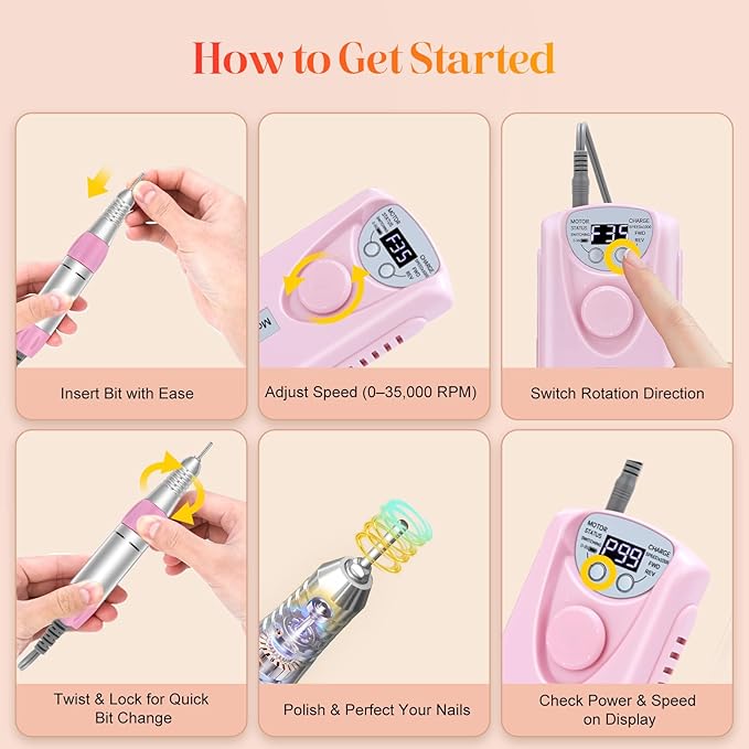 Professional Nail Drill Electric File:COYZU 35000RPM Portable Cordless Nail Drill Machine with Bits, Rechargeable E File for Acrylic & Gel Nails, Manicure & Pedicure Tech Tool for Home Salon, Pink