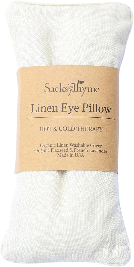 Sacksy Thyme Organic Linen Eye Pillow - Lavender & Flaxseed for Relaxation, Yoga, Stress Relief - Microwavable Heating Pad & Cool Compress - Made in USA - Gifts for Meditation