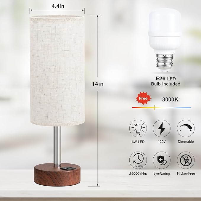 Touch Bedside Table Lamp with USB - 3 Way Dimmable Redwood Lamps for Bedroom Nightstand, Desk Lamp with Charging Station for Dorm, Living Room, Office, Kids Room, Nursery