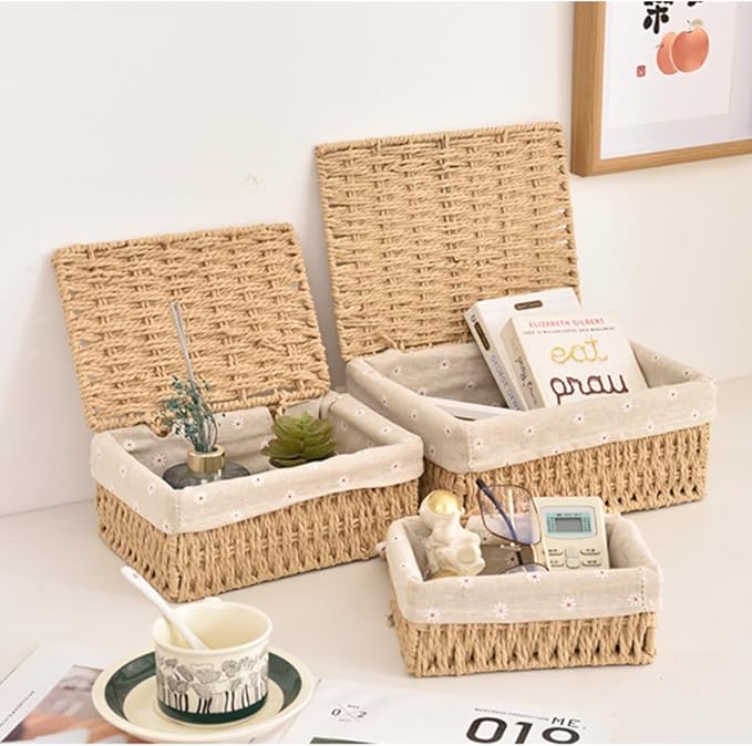 Small Wicker Basket with Lid Paper Rope Storage Baskets for Shelves Set of 3 Tampon Holder with Lid and Removable Liner for Bathroom Makeup Closet Drawer Desk Organizer (Khaki)