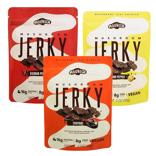 Mourish Mushroom Jerky, Plant Based Meatless Jerky, Variety Pack, Low Fat, High-Fiber Protein Mushroom Vegan Snacks for Outdoor, Travelling, Office, School, 3 Pack