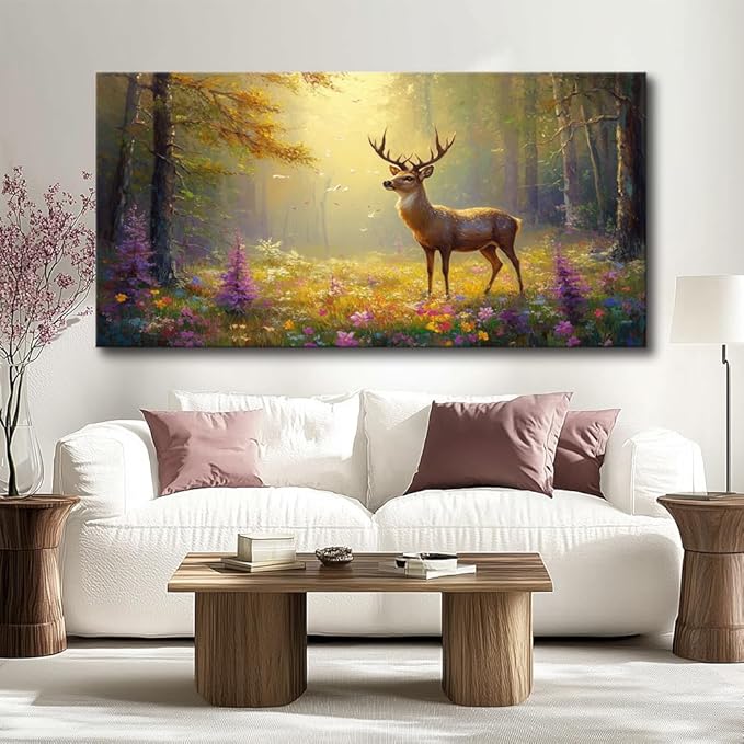 ZESTRILIA Pretty Deer Forest Wall Art for Living Room Office Gold Mustard Yellow Wildlife Wildflower Canvas Painting Prints Spring Wild Life Artwork Girls Bedroom Decor Large (46x23 Inches)