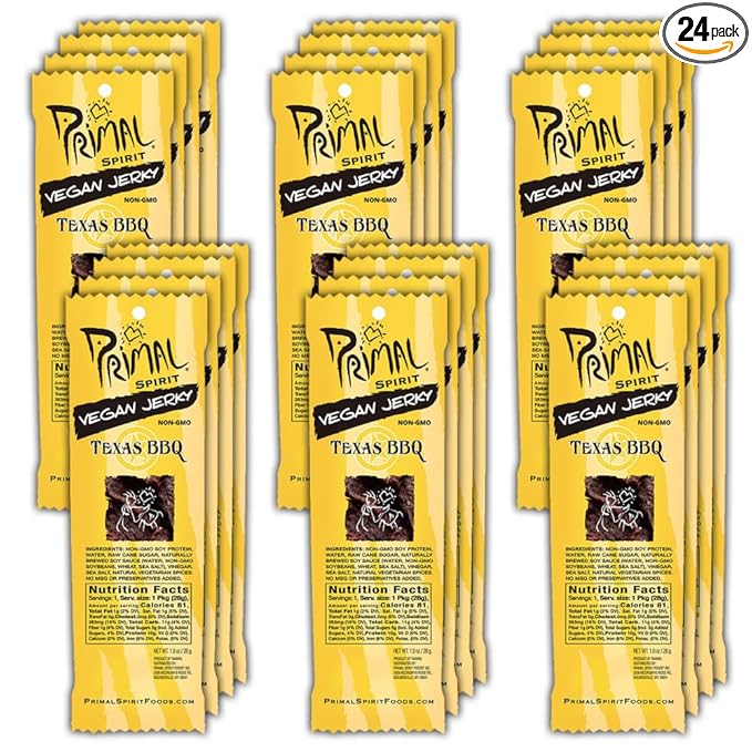 Primal Spirit Vegan Jerky – “Classic Flavor” – Texas BBQ, 10 g. Plant Based Protein, Certified Non-GMO, No Preservatives, Sports Friendly Packaging (24 Pack, 1 oz)