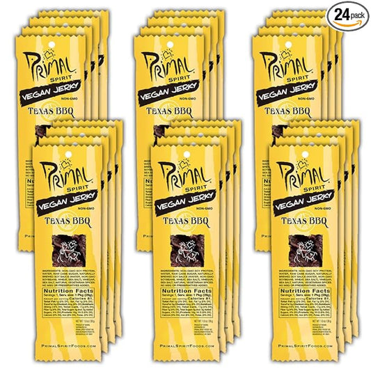 Primal Spirit Vegan Jerky – “Classic Flavor” – Texas BBQ, 10 g. Plant Based Protein, Certified Non-GMO, No Preservatives, Sports Friendly Packaging (24 Pack, 1 oz)