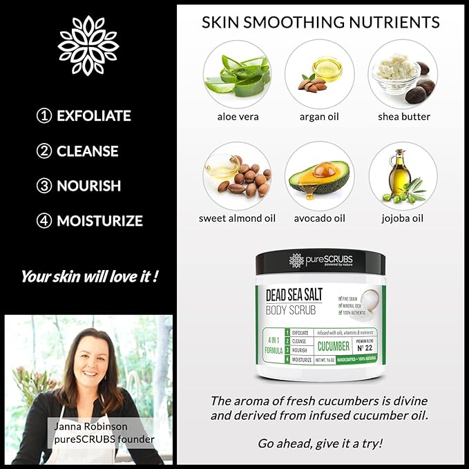 pureSCRUBS Premium Cucumber Body Scrub Set - Large 16oz Dead Sea Salt Body Scrub for Women Exfoliation KP Bump Eraser Body Scrub Includes Wooden Spoon, Loofah & Soap