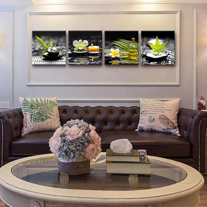 Yxbhhym-Black Art Zen Canvas Wall Art Meditation Wall Picture Green Poster Stone photo prints Massage Painting bathroom pictures for wall Living Room Wall Decor Bedroom Decorations Framed