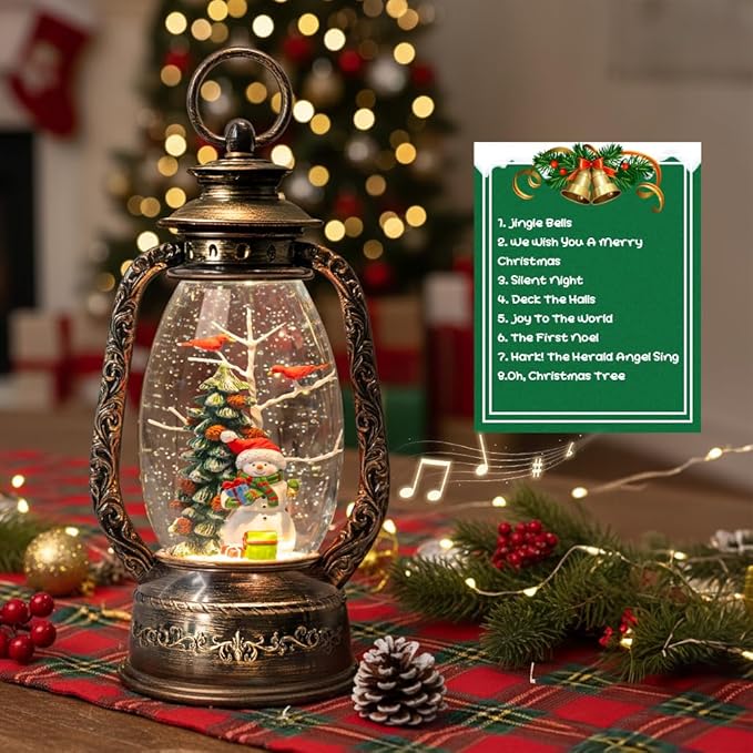 12'' Christmas Musical Snow Globe Lantern Spinning Water Glittering Snowman with Holiday Tree Scene, Battery & USB Powered Light for Home Decoration