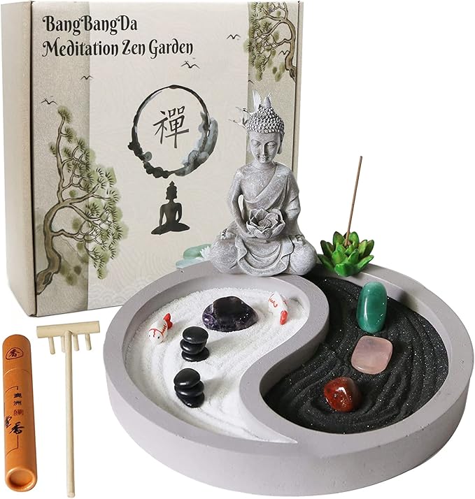 Mini Zen Garden Kit for-Desk - Yin Yang Crystal Sand Rock Garden with Zen Rake Buddha Statue Healing Stones White Sand, Japanese Meditation Gift Set for Home Office Desktop Fidget Toys