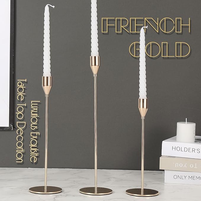 3Pcs French Gold Candlestick Holders Set Fit 3/4" Tall Taper Candle Home Decorative Table Centerpieces for Family Dinning, Party Decoration