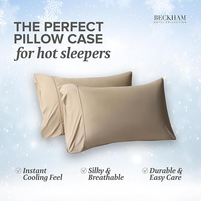 Beckham Hotel Collection Cooling Pillowcases for Hot Sleepers, Standard/Queen Size Set of 2, Cool Bedding, Envelop Closure, Silky Soft, Breathable, Moisture-Wicking, Sand