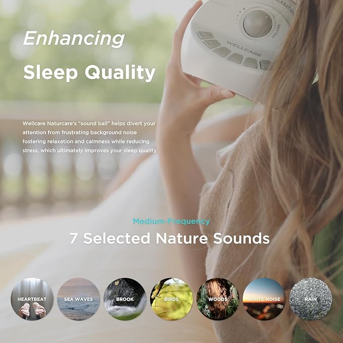 WELLCARE-Naturcare Sound Relaxation, White Noise, 7 Nature Sounds, Sleep Sound Machine, Calm Infants, for Baby, Kids, Adult. Stepless Volume, Timer, Powered by Adapter(Incl.) or Batteries(Not Incl.)