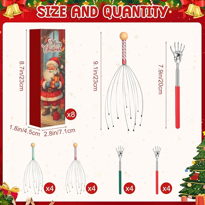 16 Pcs Head Massager and Back Scratcher with Christmas Gift Box, Scalp Massager Extendable Back Scratcher Tool for Body Relax Stress Relief Stocking Stuffers for Men Women(Ghost Claw)