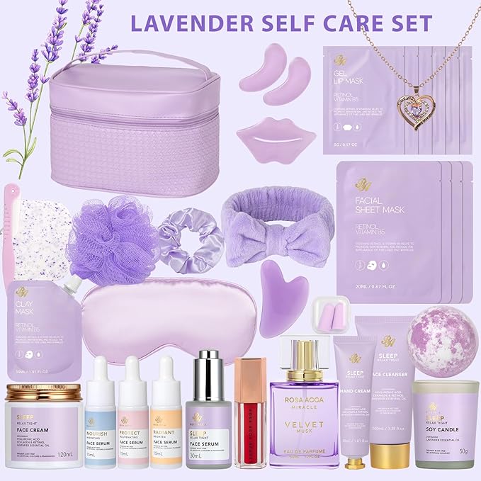 Lavender 33 Pcs Spa Bath & Body Gift Set, Face Sheet Mask Skin Care for Women, Hydrogel Mask, Lip Gloss, Cosmetic Bag, Face Serum, Necklace, Cleanser, Gua Sha, Christmas, Mother Day, Anniversary