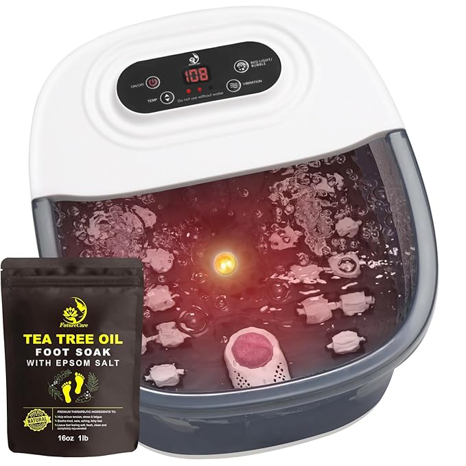 Foot Spa Bath Massager with Heat Bubbles and Vibration Massage and Jets, 16 OZ Calming Lavender Foot Soak Epsom Salt, MoodRelish Foot Soaker with Red Light, 22 Massage Rollers, Adjustable Temp -Grey