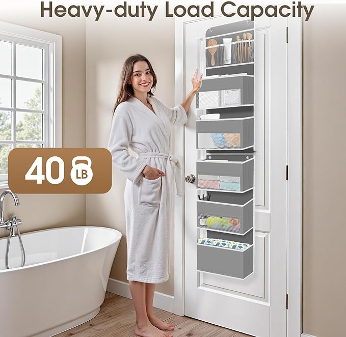 6-Tier Over The Door Organizer, Hanging Storage Organizer with Clear Window, 40lb Ultra Sturdy Large Capacity Room Organizer for Pantry Bathroom Nursery Closet Baby Essential (Grey)