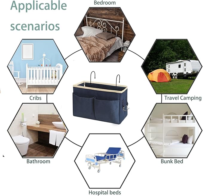 Bedside Caddy Bedside Hanging Storage Basket Multi-Function Organizer Caddy for Bunk and Hospital Beds Dorm Rooms Bed Rails, Can be Placed Glasses Books Mobile Phones（Navy Blue）
