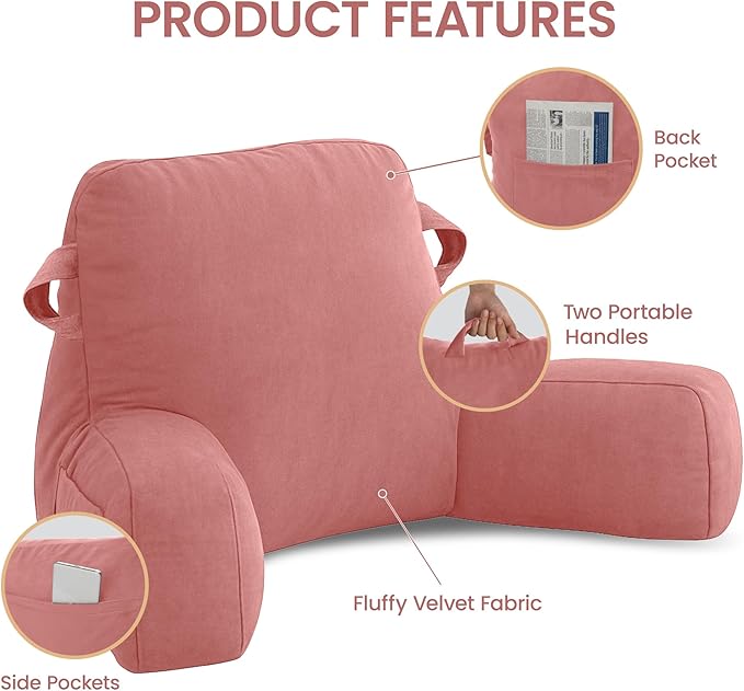 Portable Comfy Reading Pillows for Bed Sitting Up(Dark Pink Oeko-Tex), Velvet Back Pillow with Arms & Pockets for Adults, Support Memory Foam Bed Pillow for Dorm/Reading/Watching/Gaming