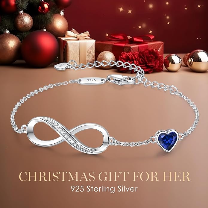 CDE Infinity Heart Birthstone Charm Link Bracelet for Women 925 Sterling Silver Adjustable Mother's Day Gift Anniversary Birthday Jewelry for Wife Girlfriend Her