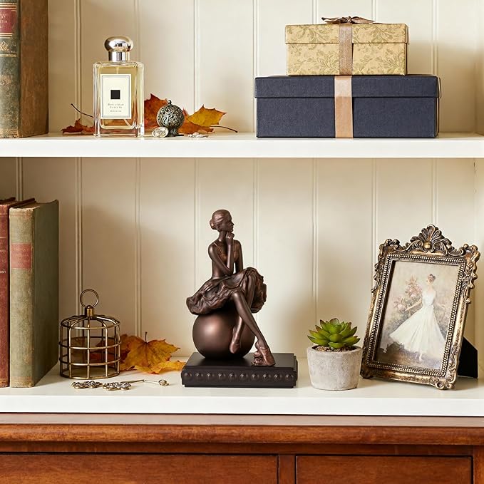 Seated Ballerina Figurines, Ballerina Dancer Statues Resin Sculpture Vintage Home Decor, Ballet Dance Girl Ornament for Shelves Home Office Decor (Bronze)