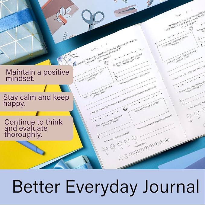 Gratitude Journal, Daily Reflection Journal for More Happiness, Mindfulness & Affirmation, Self Care Journals for Women & Men, 6 Inspirational Stickers and Ballpoint Pen,Blue