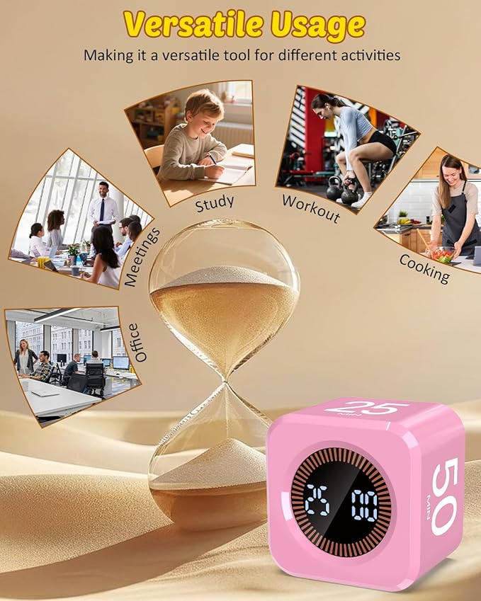 Pomodoro Timer Cube Visual Productivity Flip Timer for Kids Classroom Desk, 5/10/25/50min& Custom Countdown, Silent&Sound Mode Digital Cube for ADHD Study Work School Game Kitchen (Pink)
