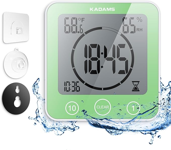 KADAMS Shower Clock Waterproof Bathroom Timer – Digital Wall Clock with Countdown, Magnetic Kitchen Clock with Temperature & Humidity, Suction Cup for Kids Shower Spa Sauna Cook Bath (Green)