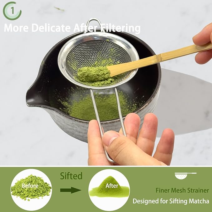 Matcha Whisk Set,7 Pcs Matcha Kit Tea Tools Includes Matcha Bowl with Spout, Sifter, Bamboo Scoop,Tea Towel,Whisk and Holder, Ideal Gift for Matcha Lovers (Black&White)