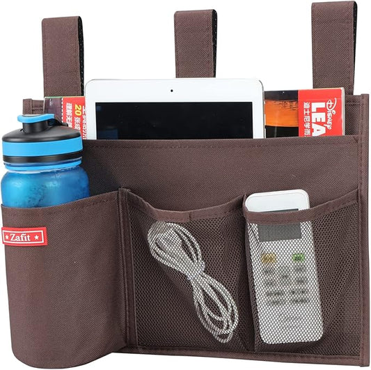 Hanging Bedside Caddy, Bedside Storage Organizer for Magazine, Phone, Remote control (4 Pockets-Coffee)