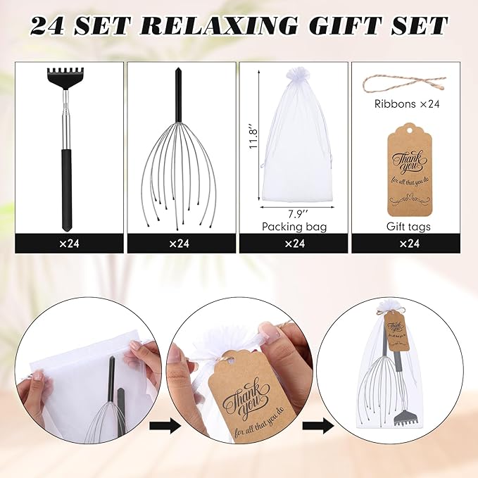 Hoolerry 24 Sets Massage Gifts Head Massager Back Scratcher Fingers Head Scratcher Manual Scalp Massager Christmas Gifts for Body Home Office Spa Stress Relief Relaxation Hair Stimulation Women Men