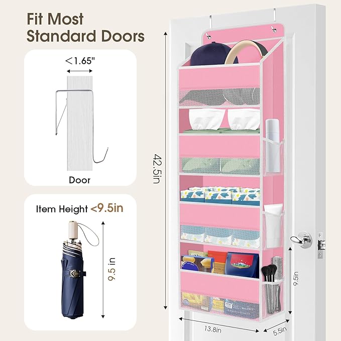 1 Pack Over The Door Organizer Hanging Storage Organizers with Clear Window 40lb Large Capacity Room Organizer for Pantry Laundry Bathroom Nursery Closet(Pink)