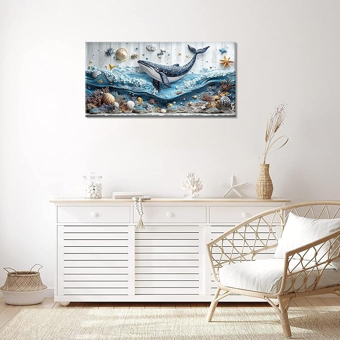 ZESTRILIA Ocean Whale Wall Art for Kids Room Navy Blue Marine Organism Underwater World under the Sea Canvas Painting Prints Artwork Family Living Bedroom Decor (30x16 Inches)