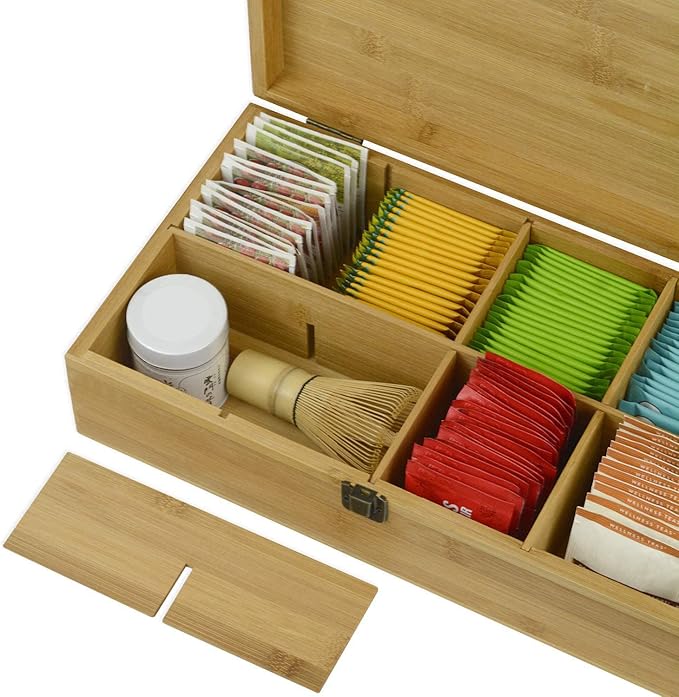 Bamboo Tea Organizer Box Chemical Free Eco-Friendly Big, Tall, Adjustable Cubbies Natural Wooden Storage Chest (8-Slot 14.3" x 8.1" x 4.2" Blank)