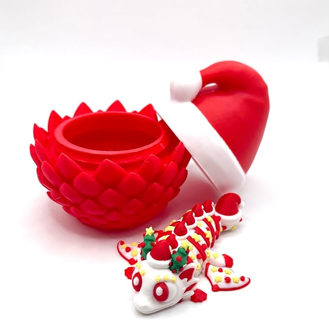 Fidget Toy Dragon Egg Santa Hat Container with Flexible Articulated Christmas Dragon, 3D Printed, Birthday Gift, Christmas Holiday Present, Stocking Stuffer, Easter Basket Filler