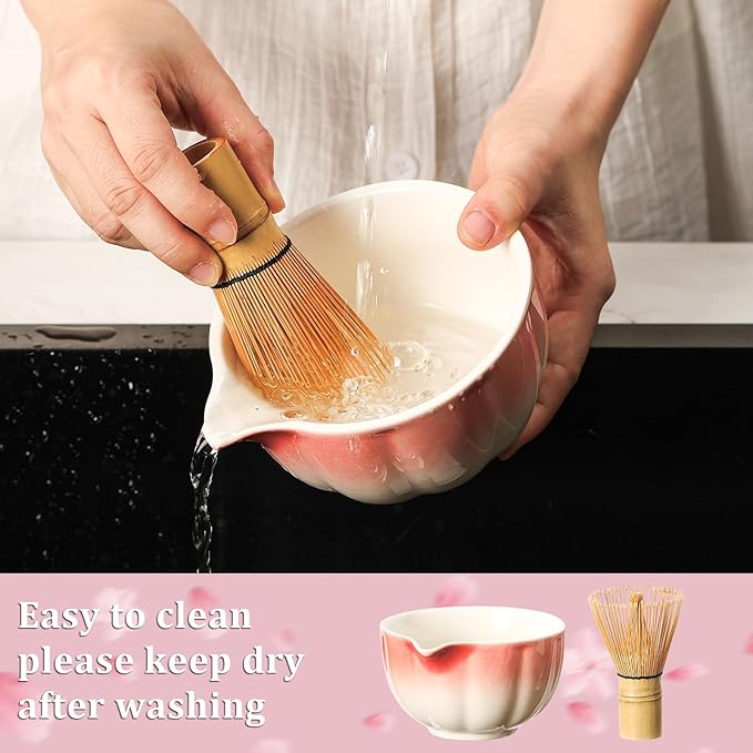 Matcha Whisk Set, 7-Pack Peach Pink Matcha Set - Include Ceramic Petal Matcha Bowl with Spout, Bamboo Whisk, Chasen Holder, Sifter, Scoop, Tea Towel, Scoop Rest - Matcha Making Kit for Tea Lover