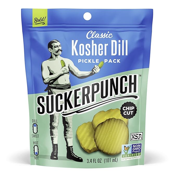 SuckerPunch Classic Dill Pickle Chips, Snack Pack, Gluten Free, Kosher, Sugar Free, Low Calorie, Low Carb, Ready to Eat, on the Go, Non GMO, Keto Friendly, Vegan, 3.4 Oz, Single Serve Pouch (12 Pack)
