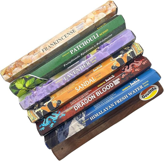 Sreevani Incense Sticks Variety Pack #1 and Incense Stick Holder Bundle Gift Set with 6 Best Fragrances