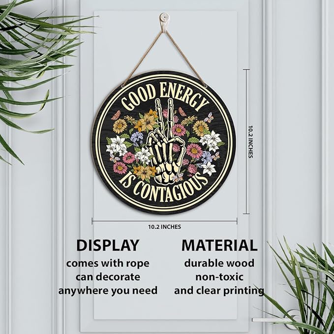 Positive Energy Wall Decor, Skeleton Inspirational Round Wood Hanging Sign Decor, Motivational Positive Energy Decorations for Home Office Spiritual Room, Positive Gifts for Women Men