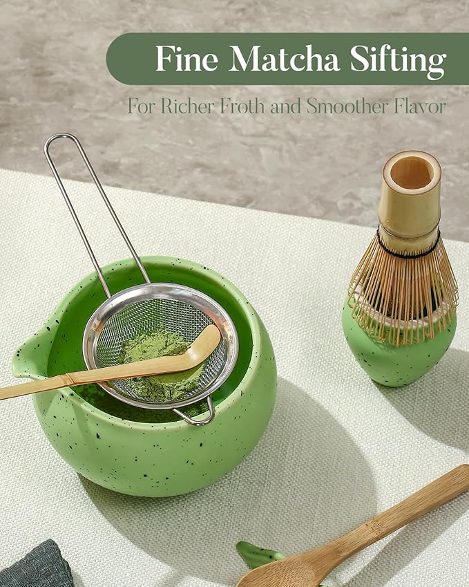 Matcha Whisk Set - 8 Piece Japanese Matcha Tea Set with Matcha Bowl with Spout, Bamboo Whisk, Scoop & Sifter | Matcha Kit for Making Smooth, Frothy Matcha at Home or as a Gift