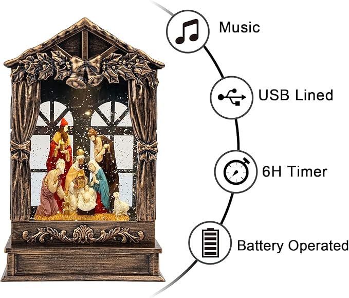 Christmas Snow Globe Lighted Manger Nativity Scene, Musical Window Water Lantern Play Silent Night Music in Swirling Glitter, Holiday Decorations Gift